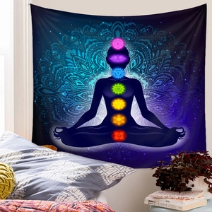 Macro detail of fluorescent seven chakra meditation tapestry with mandala geometry