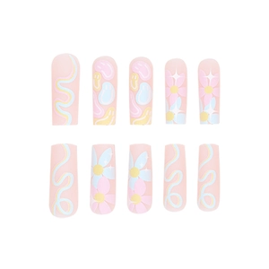 Uñas postizas de flores macaron pastel en forma de ataúd largo con ondas de colores