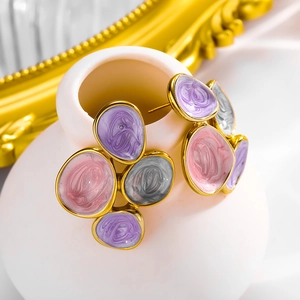 Irregular geometric gold drop earrings with purple pink and gray enamel dripping oil