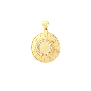 Macro shot of gold pendant with clear gems and embossed star crown patterns