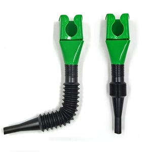 Flexible plastic fuel funnel showing straight and curved hose nozzles on white background