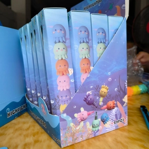 Detail of blue ocean-themed display box containing 24 stacked octopus highlighters