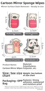 Detailed size chart of cute cartoon sponges for mirror cleaning with dimensions in cm
