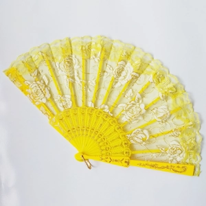 Yellow lace folding fan with golden rose embroidery and decorative plastic frame