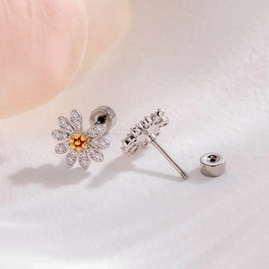 Micro-paved zircon daisy flower screw back cartilage stud earrings in silver and yellow