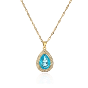 Water drop blue zircon pendant necklace in gold plated finish for women fashion