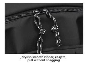 Detail shot of a dual zipper with black and white woven cords on a durable nylon backpack