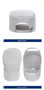 Detailed views of grey mesh flat top cap showing adjustable strap, crown, and inner lining