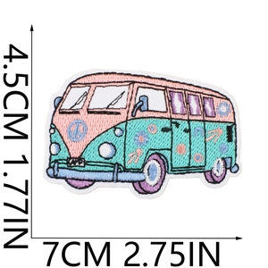 Detailed size chart showing a pink vintage van embroidery patch measuring 7cm by 4.5cm