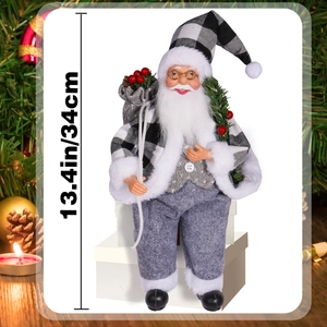 Detailed view of a 13.4-inch sitting Santa Claus doll in grey plaid outfit with dimensions