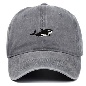 Vintage washed grey cotton baseball cap featuring minimalist orca embroidery on front