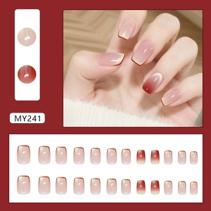 Elegant wine red cat-eye gradient square fake nails with fine French tips and glossy finish