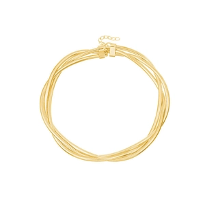Chic triple-layered gold metal spring choker necklace with adjustable chain on white background