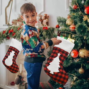Red black plaid Christmas stockings holiday gift bags cute snowman tree design decor