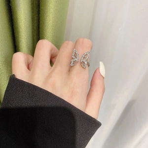 Elegant silver butterfly open ring with sparkling white cubic zirconia pave setting