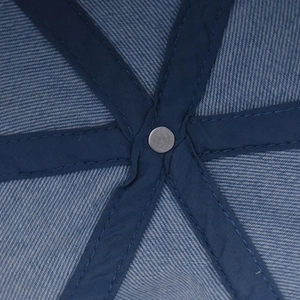 Close-up of the internal six-panel stitching and silver rivet of the denim baseball cap