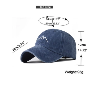 Detailed size chart for blue washed cotton baseball cap with mountain embroidery