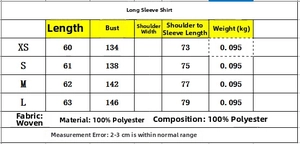 Size chart for women long sleeve mesh top showing chest and length measurements in cm