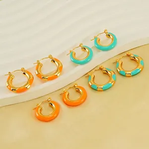 Vintage gold-plated titanium steel hoop earrings with orange and blue enamel finish