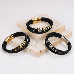 Tres pulseras para hombre de cuero trenzado de doble capa con cierres magnéticos
