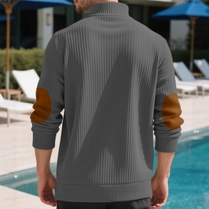 Slim fit men's dark grey textured knit sweater with brown elbow patches and rib trim