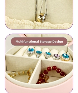 Macro detail of pink leather jewelry box showing multi-grid ring slots and necklace hooks