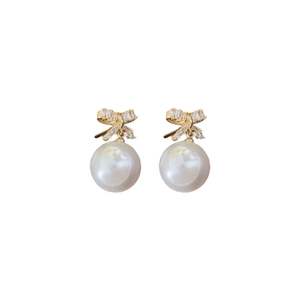 Elegant gold bow pearl earrings with cubic zirconia stones and white round pearls