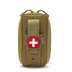 Tactical MOLLE first aid kit in khaki nylon with a red cross patch on white background
