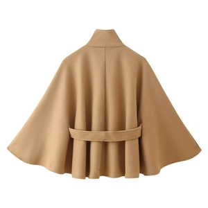 Back view of camel wool cape coat with elegant umbrella silhouette and waist belt