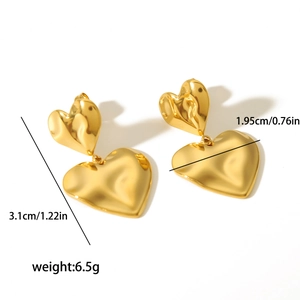 Hammered 18K gold plated heart drop earrings for women with dimensional layered design