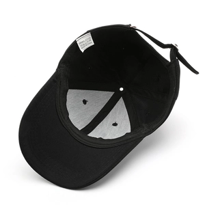Classic black baseball cap interior view with adjustable strap and polyester texture