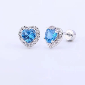 Exquisite silver heart stud earrings with blue zirconia and white diamond halo setting