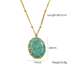 Oval Amazonite necklace in 14K gold plated stainless steel with measurement details