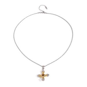 Collier croix en acier inoxydable bicolore avec pierre brune et chaîne torsadée