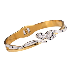 Golden snake-shaped stainless steel bracelet with white and black rhinestones