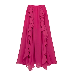 Close-up of rose red chiffon beach dress with layered ruffle details and elastic waist