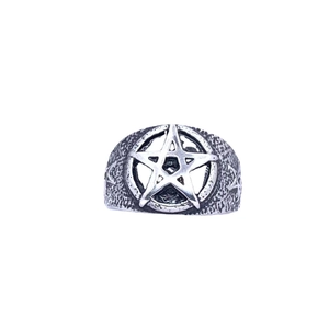 Vintage titanium steel pentagram star ring for men in silver finish with gothic design