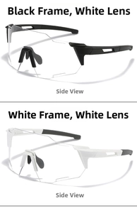 Vue latérale de lunettes de cyclisme noires et blanches avec verres clairs et branches aérées