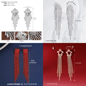 Detailed view showing dimensions and weight of long tassel earrings with star and zircon