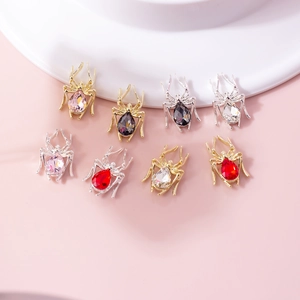 3D spider nail art charms with pear-cut rhinestone teardrops in gold and silver plating