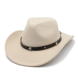 Detail of beige cowboy hat with brown leather band, silver stars, and round metal studs