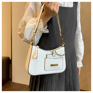 Close-up of a white PU leather baguette bag with a metal chain and ARCHITA brand logo