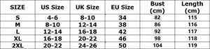 Detailed size chart for autumn lace split bodycon dress including US, UK, EU measurements