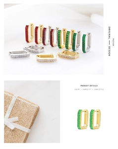 Detailed close-up of rectangle cubic zirconia hoop earrings in gold and silver plating