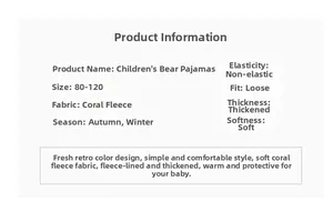 Tableau détaillé des tailles pour pyjamas d'ours enfant en polaire corail chaude