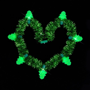 Green heart-shaped tinsel necklace with glowing LED mini Christmas tree pendants