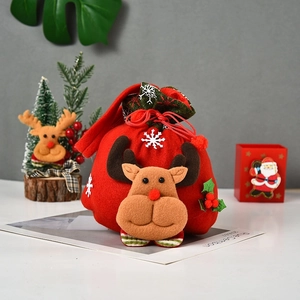 Bolsa de regalo navideña con reno de peluche 3D y bordado de copos de nieve blanco
