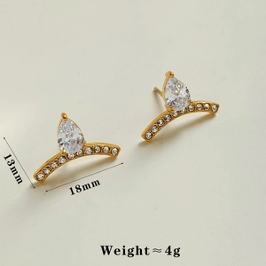 Detail view of geometric gold stud earrings with cubic zirconia and size dimensions