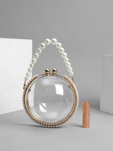 Elegant transparent round handbag with white pearls and gold hardware for wedding parties