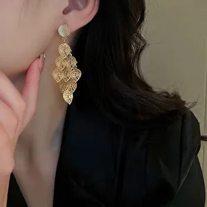 Cat's eye stone earrings with layered gold hollow leaf tassels for women
